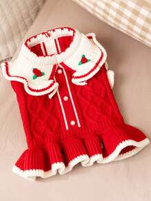 1件新款秋冬季幼犬公主风翻领小花刺绣毛绒连衣裙，圣诞节新年宠物服装 - 彩色 - 查看 12