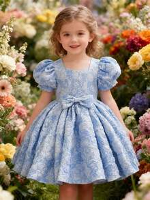 小女孩花卉提花圆领泡泡袖公主裙儿童连衣裙 - 藍色 - 查看 1