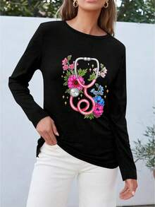 Women's Long Sleeve T-Shirt With Floral Stethoscope Design - Comfortable Crew Neck Top For Nurses And Medical Professionals - Ideal For Work, Everyday Wear, And Gifts - Soft Fabric, Unique Graphic Tee For Women - 黑色 - 查看 2