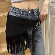 Women's Retro Western Hip Scarf Solid Color Tassel Buckle Triangle Hip Scarves Skirt Belly Dance Costume - 黑色 - 查看 4