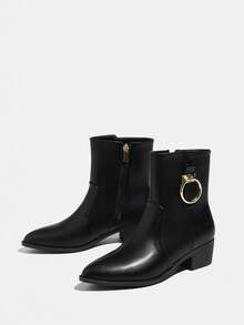 Bottines noires à boucle, à fermeture éclair latérale, à talon compensé, à bout pointu, chaudes et confortables, pour le bureau, pour femmes - Noir - Voir 7