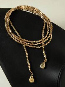 1pc Hiphop Asymmetrical Faux Pearl Beaded Chain Necklace For Women, Suitable For Everyday Wear, Party, Vacation As Jewelry Gift In Autumn/Winter - Gold - View 4