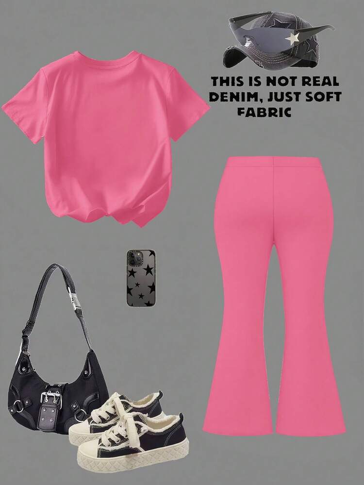 2pcs/Set Teen Girl Butterfly Print Short Sleeve T-Shirt And Flare Pants Outfit, Spring/Summer - Hot Pink - View 3