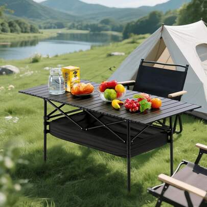  Senmeo Portable Folding Camping Table, 4-6 Person Aluminum Outdoor Picnic Table With Storage Carry Bag, Adjustable Height Lightweight Camp Table For Beach, Picnic, BBQ And Indoor Use