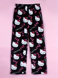  1pc Licensed By Sanrio Cute Hello Kitty Soft Plush Cartoon Pajama Pants Medium Thick Women's Pajama Pants, (Due To Size Differences Between Countries, Please Refer To The Size Chart And Purchase A Suitable Larger Size)Black Plush Warm Casual Home, Suitable For Spring, Autumn, Fall & Winter
