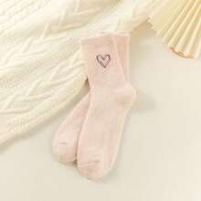 5 双秋冬女士心形刺绣貂皮毛绒袜子，加厚毛绒可爱睡眠/舞蹈中筒袜