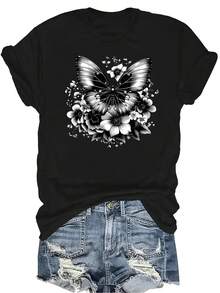 [Camiseta de Moda Casual] Camiseta de Mujer Suave y Cómoda - Parte Superior de Manga Corta con Cuello Redondo y Estampado Floral de Mariposa, Regalo Perfecto para la Abuela y la Mamá, Uso Casual de Primavera y Verano - Negro - Ver 1