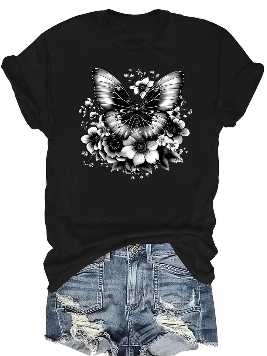 [Camiseta de Moda Casual] Camiseta de Mujer Suave y Cómoda - Parte Superior de Manga Corta con Cuello Redondo y Estampado Floral de Mariposa, Regalo Perfecto para la Abuela y la Mamá, Uso Casual de Primavera y Verano - Negro - Ver 1