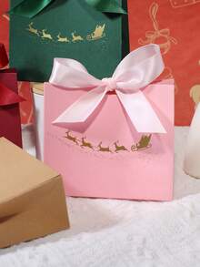 Cutie cadou de Crăciun cu 5 buc., cu panglică de satin, imprimeu cu sania lui Moș Crăciun și reni în folie aurie, cutie elegantă pentru bomboane de sărbători, fursecuri, ciocolată, dulciuri, ambalaj roz și negru pentru favoruri de Crăciun, pentru petreceri, nunți, reuniuni de familie
