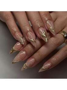 1 Box Of 24 Pieces / Simple Manicure False Nails Gold Paste 3D Wearable Nail Pieces Short Almond-Shaped Wearable Nail Stickers Wedding Party Holiday Gifts - Gold - View 6