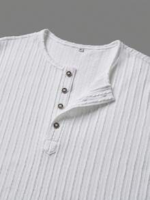 男士时尚休闲纹理面料纯色针织亨利领纽扣长袖 T 恤，秋冬 - 白色 - 查看 4