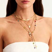 4pcs/Set Retro Metal Jesus Cross Pendant Y-Necklace, Stylish Bohemian Colorful Crystal Bead Necklace Set, Suitable For Women Daily And Vacation Wear, Holiday Gift For Friends (Crystal Bead Color And Quantity May Vary From Actual Item)