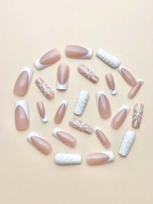 24pcs Christmas Theme White French Sweater Texture Snowflake Design Medium Length Press-On Nails, Including 1pc Jelly Gel And 1pc Nail File, Suitable For Holidays, Afternoon Tea Outings - Multicolor - View 2
