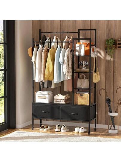 Amazon｜Naotico ハンガーラック 引き出し付き 2段 棚付き 頑丈 洋服