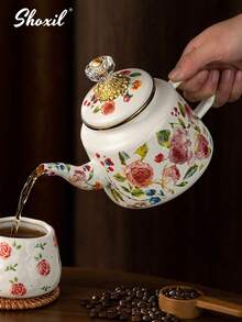 shoxil 1pc玫瑰珐琅茶壶水壶大容量茶壶燃气电磁炉通用桌面摆件搪瓷茶壶 - 玫瑰搪瓷壺 - 查看 5