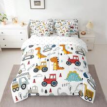 Feelyou 7pcs Construction Comforter Set,Cartoon Dinosaur Bedding Set,Include 1 Comforter+1 Flat Sheet+1 Fitted Sheet+2 Pillowcases+2 Pillowsham,For Twin,Full,King,Queen Bed Sizes,Bed In A Bag,Super Soft And Breathable,Easy Care All Seasons,Bed       In A Bag,Wonderful Room Decor,Holiday Gift - 白色 - 查看 1