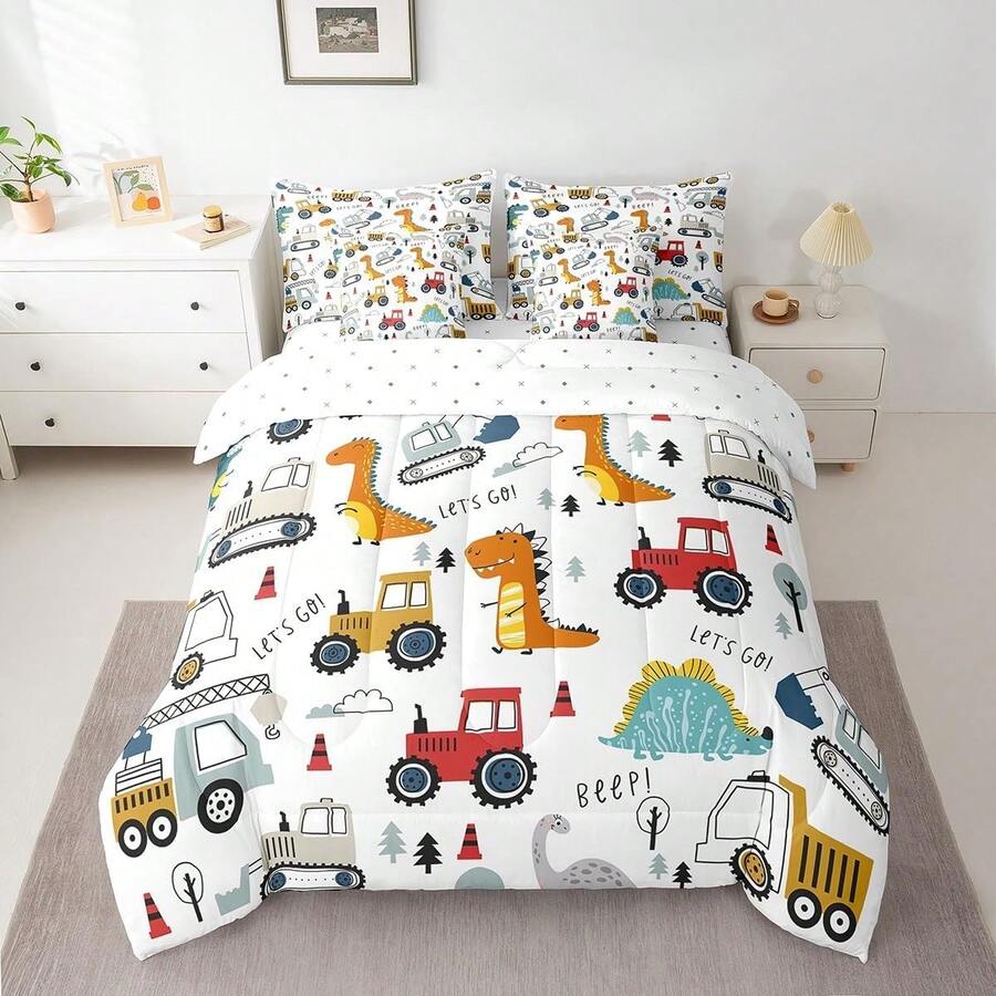 Feelyou 7pcs Construction Comforter Set,Cartoon Dinosaur Bedding Set,Include 1 Comforter+1 Flat Sheet+1 Fitted Sheet+2 Pillowcases+2 Pillowsham,For Twin,Full,King,Queen Bed Sizes,Bed In A Bag,Super Soft And Breathable,Easy Care All Seasons,Bed In A Bag,Wonderful Room Decor,Holiday Gift - 白色 - 查看 1
