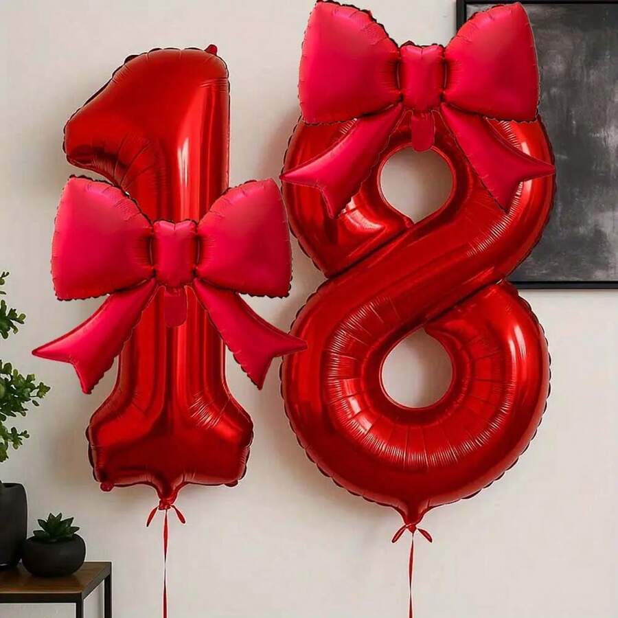 2件組 32英吋粉色數字造型鋁箔氣球,附啞光蝴蝶結裝飾,適用生日、婚禮、戶外活動、週年紀念、節日、萬聖節、聖誕節背景牆裝飾氣球 - 紅色 - 查看 1