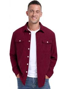 Men's Corduroy Button Down Long Sleeve Casual Shacket Western Shirt With Flap Pockets, 2025 Style - A07 深綠色 - 查看 9