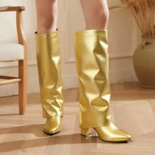 lunryet Knee High Boots Women Fold Over Knee High Boots Chunky High Heels Long Boots Zipper Pointed Toe Dress Tall Boots For Women SHAFT-1 - 金色 - 查看 9