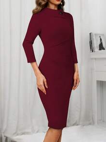 HOMEYEE Vintage Collared 3/4 Sleeve Ruched Button Pencil Dress, Business/Office Bodycon Dress - màu đỏ đậm - Xem 3