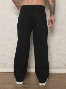 Men's Loose-Fitting Cotton Jeans With Slanted Pockets, Wide, Long, Washed, Skater Style, Cargo, Plain, Light Blue, For Going Out, Y2K Style, For Friends, Urban, For Going Out, For Work, For Vacation. - Black - View 4