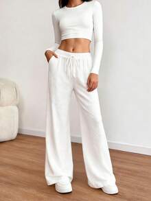 Women's Casual Versatile Solid Color Wide Leg Pants Fall Cloth For Womenwith A Stylish Fake Drawstring And Pockets - White - View 4
