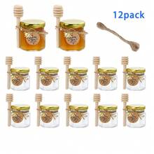 12/24/36/48 szt. słoików na miód, miniaturowe słoiki na miód jako upominki na przyjęcia, małe sześciokątne szklane słoiki na miód, szklane pojemniki do przechowywania z pokrywkami, złote pokrywki, zawieszki, wisiorki i juta, odpowiednie na baby shower i prezenty ślubne.