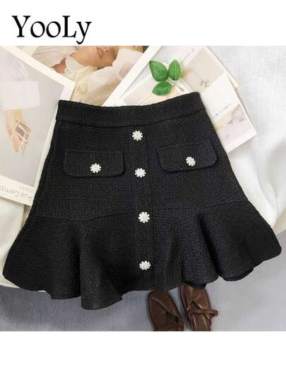 Elegant Coarse Wool Fragrant Wind A-Line Skirt, Suitable For Vintage Dignified Garden Parties And Commuting, Mermaid Hem Skirt, Spring/Autumn