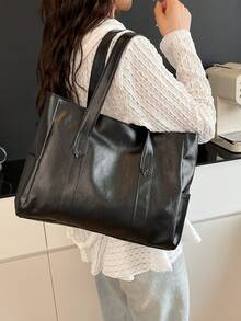 1 件时尚简约大容量托特包，柔软皮革单肩手提包适合女性日常使用 - 黑色 - 查看 5