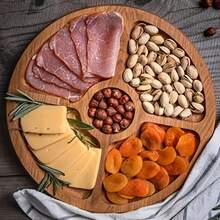 1pc Wooden Tray, Serving Plate, Cheese Board, Two/ Three/ Four/ Five Compartment Food Trays, Circular Barbecue Plates For Holding Meat, Cheese, Nuts And Fruits, Multi-Functional Fruit Trays, Appetizer Creative Snack Trays, Household Dessert Plates, Reusable Fruit Trays, Kitchen Decorations, Kitchen Supplies, Candy Wedding Storage Trays
