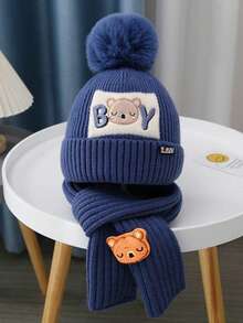 2pcs Teddy Bear Knit Hat & Scarf Set, Thick Warm Knitted Beanie, Suitable For Outdoor Use In Winter, Holiday Outfit, Comfortable Winter Holiday, Washable, Warm Fabric, Winter Accessory, Holiday Outfit Autumn Decor