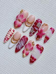 10片Y2K优雅杏仁形长指甲贴纸 - 白色法式底色搭配红色渐变花朵、3D海星和水晶金色水滴吊坠 - 美人鱼盛宴美甲套装，可重复使用，含指甲胶和指甲锉 - 哥特、万圣节、圣诞节美甲用品，手工按压式美甲贴片 - 彩色 - 查看 3