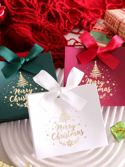 10/20 Pieces Merry Christmas Gift Box With Ribbon Bow, Luxury Paper Gift Wrapping, Suitable For Holiday Parties, Candy, Cookies, Jewelry, Multi-Color Optional White Green Red Paper, Reusable Christmas Gift Box, Suitable For Family And Friends Celebration