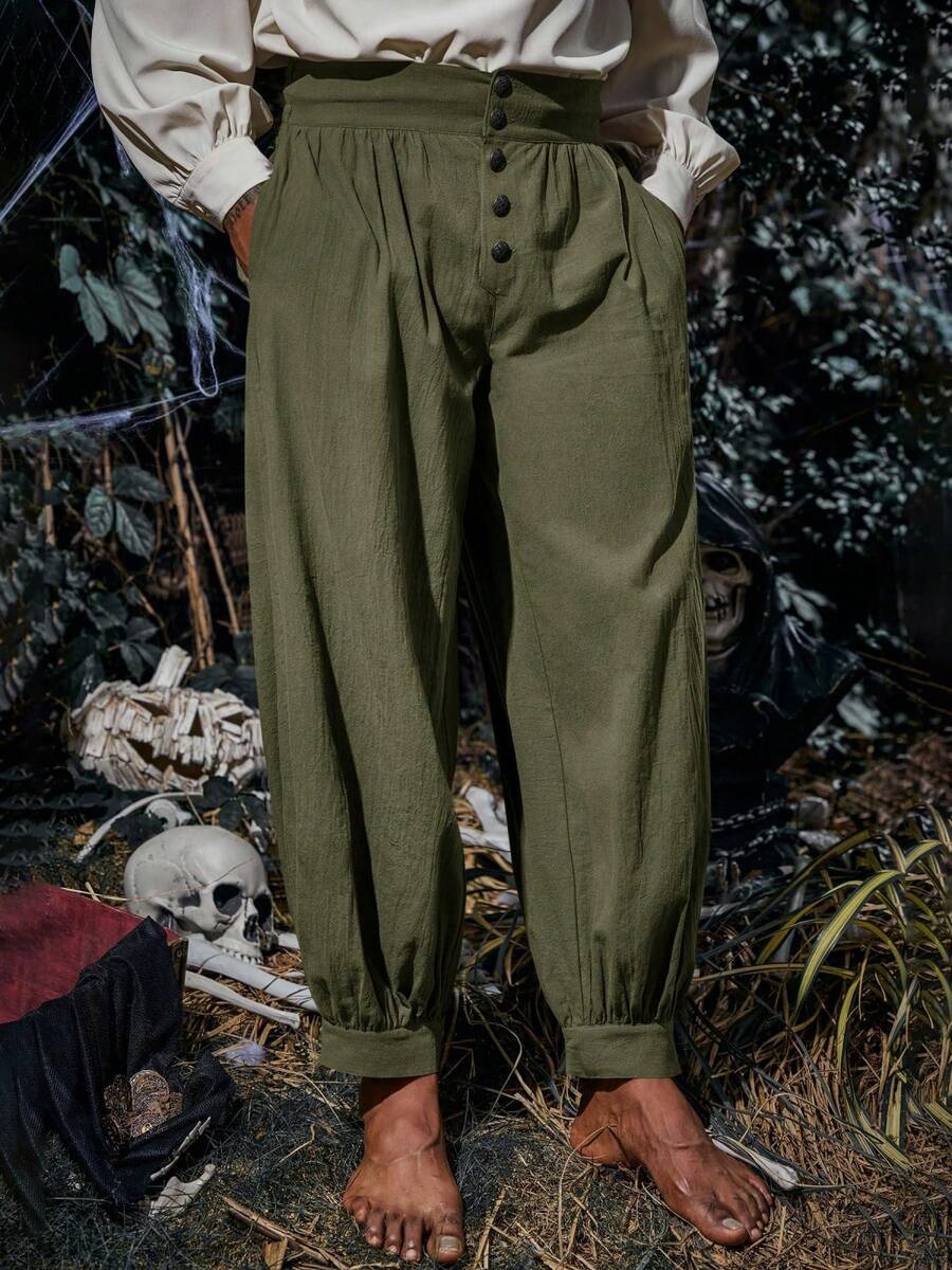 Men's Cotton Gothic Trousers Medieval Pirate Renaissance Viking Knicker Style Halloween Costume Essential - xanh quân đội - Xem 1