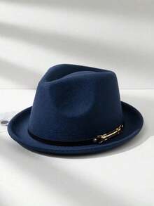 1 件男女通用小号卷边毡礼帽，爵士帽，配有腰带扣配件，适合万圣节、返校季、节假日等日常休闲穿着 - 藏蓝色 - 查看 12