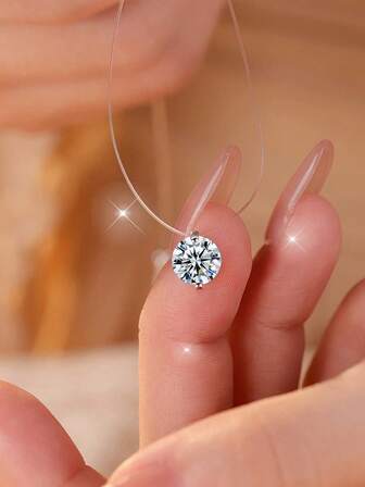 1pc Sterling 925 Silver Exquisite Elegant Fashionable Shining Round Cubic Zirconia Colorful Square Zirconia Fishing Line Pendant Chock Chain Necklace For Women Daily Wearing Friendship Party Jewelry Gift