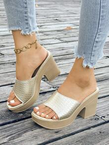 Women's Summer New Fashion Metallic Color Open Toe Slip-On Casual Vacation Beach Platform High Heel Sandals