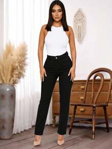 Jeans Rectos para Mujer de Excelente Calidad, Mezclilla Gruesa, Cintura Alta, Amolda Figura, Efecto Aumento de Pierna, Basico, Elegante, Casual. - Negro - Ver 4