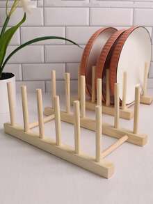 1pc Natural Wood Color Draining Rack, Creative Wooden Dish Drying Rack, Kitchen Supplies Display Shelf, Bookshelf, Multi-Purpose Solid Wood Storage Rack