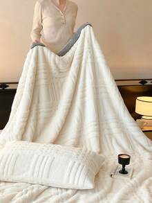 1pc White Plaid Jacquard Trim Taffeta Fleece Warm Thick Blanket, Soft & Skin-Friendly, Multi-Size & Multi-Purpose For Office, Living Room, Bedroom