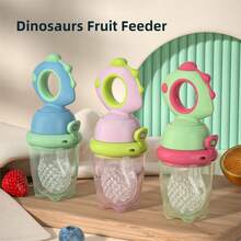 KUNT 1/3pcs Baby Dinosaur Pattern Squeeze Teether, Silicone Fruit & Vegetable Rotary Pressure Feeding Utensil, Juice Feeder With S/M/L Replacement Mesh Bags