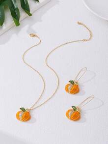 Fashionable Cute Zinc Alloy 3D Pumpkin Rhinestone Enamel Orange Pendant Necklace And Long Hook Earrings, Suitable For Women And Girls Halloween Autumn Harvest - Orange - View 3