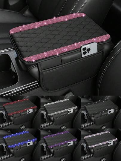 1 pieza Funda universal para reposabrazos de coche con diamantes brillantes - Protector de consola central de cuero con 2 bolsillos de almacenamiento, se adapta a la mayoría de vehículos