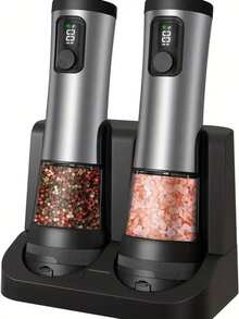 Zestaw elektrycznych młynków do soli i pieprzu – automatyczny ceramiczny młynek do pieprzu ze wskaźnikiem poziomu naładowania baterii, ładowalna podstawa, solniczka ze stali nierdzewnej, 5-stopniowa regulacja grubości mielenia, odpowiedni do nowoczesnych kuchni (wersja ze stopu)
