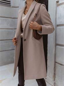 Plus Size Women's Elegant Button-Up Solid Color Coat Jacket, Autumn/Winter