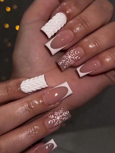 24pcs Christmas Theme White French Sweater Texture Snowflake Design Medium Length Press-On Nails, Including 1pc Jelly Gel And 1pc Nail File, Suitable For Holidays, Afternoon Tea Outings