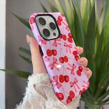 Pink Cherry Pattern Glossy Film Phone Case For IPhone 17 Air/16/15/14/13/12 Pro Max 14 15 16 17 Plus 11/X/Xsmax/Xr/7/8/Se Thickened Double-Layer 2-In-1 Drop-Proof Protective Case For Samsung S21 S22 S23 S24 S25 PLUS/ULTRA/FE/EDGE A71 A56 A55 A54 A53 A52 A36 A34 A06 A13 A14 A15 A16 A23 A25 A26 Anti-Yellowing And Bright Colors - 黑色 - 查看 2
