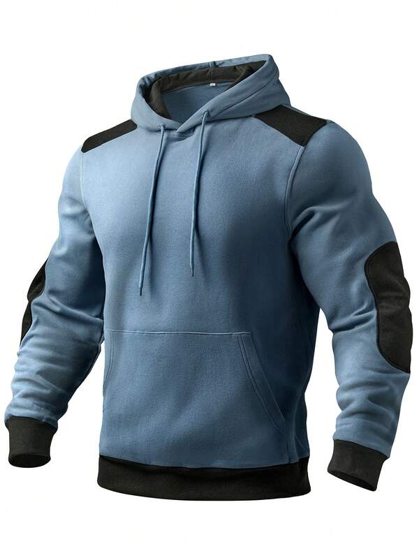 Men's Casual Blue & Black Contrast Color Long Sleeve Hoodie, Slightly Stretchy, Smooth Fabric Suitable For Casual Wear