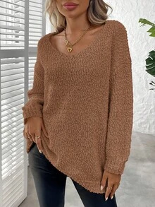 Plus Size Solid Color Crew Neck Casual Long Sleeve Knit Sweater - Brown - View 4
